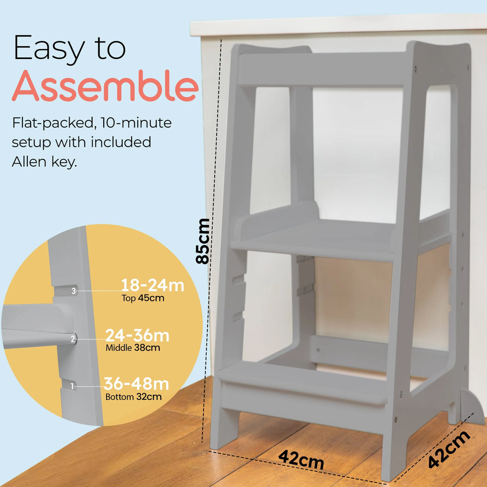 grey easy to assemble toddler tower with platform heights